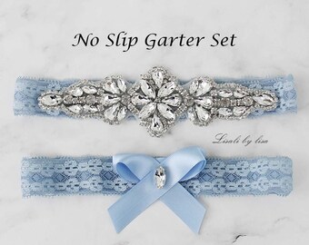 LISALI Bridal Garter Blue, Wedding Garter Set, NO SLIP Lace Wedding Garter Set，Bridal Garter set,  Crystal Bridal Garter, Wedding Garter