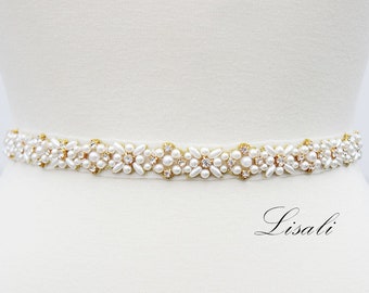 LISALI  Pearl Bridal Belt , Gold Wedding Belt, Thin Bridal Belt, Bridesmaids Belt, Thin Pearl Belt, Wedding Dress Belt ,Rhinestone Belt,