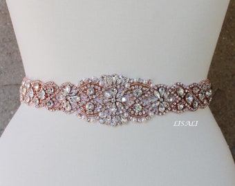 LISALI  Sparkly Wedding Belt, Rose Gold Rhinestone Belt, Bridal Belts, Crystal Sash Belt, Wedding Dress Belts Crystal