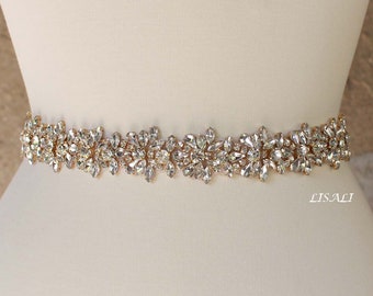 LISALI 10"-42" Sparkly Wedding Belt, Gold Rhinestone Belt, Bridal Belt, Rhinestone Belt, Crystal Sash Belt, Wedding Dress Belts