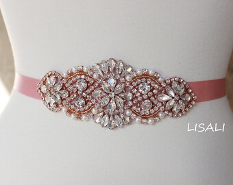 LISALI Crystal Bridal Sash,Wedding Dress Belt, Rhinestone Sash, Rhinestone Bridal Bridesmaid Sash Belt, Wedding Dress Sash Rose Gold