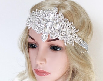 LISALI 1920s Headpiece, Long Bridal Headband, Crystal Rhinestone Wedding  Headpiece, Halo Bridal Flapper,  Great Gatsby Headband