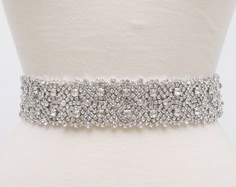 LISALI 1.7" Wide Bridal Belt, Rhinestone Bridal Belt, Crystal Brida Belt Sash, Wedding Belt, Crystal Sash Belt, Wedding Dress Belts Silver