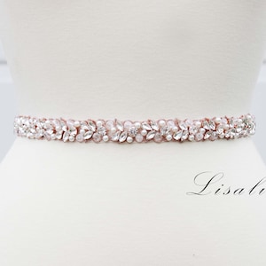 LISALI Brdal Belt Rose Gold, Rhinestone Belt, Bridesmaid Belt, Crystal Belt, Beaded Bridal Sash, Thin Bridal Belt, Wedding Dress Belt