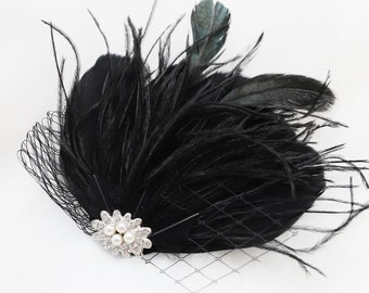 LISALI Black Feather 1920s Headpiece,  Wedding Fascinator, Bridal Feather Headpiece, Wedding Feather Hairpiece ,French Barrette