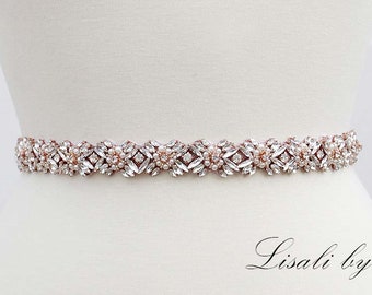 LISALI Rhinestone and Pearl Belt, Bridal Belt Sash Rose Gold, Wedding Dress Belts, Wedding Belt, Crystal Belt Flower,  Bridal Belt Clasp