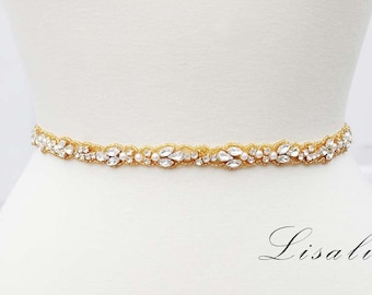 LISALI Thin Wedding Belt Gold, Pearl and Rhinestone Belt , Bridal Belt Sash ,  Crystal Belt, Bridesmaid Belt, Wedding Dress Belt