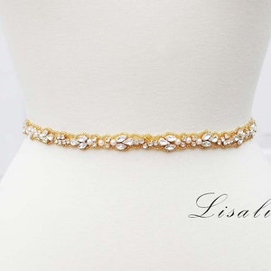 LISALI Thin Wedding Belt Gold, Pearl and Rhinestone Belt , Bridal Belt Sash ,  Crystal Belt, Bridesmaid Belt, Wedding Dress Belt