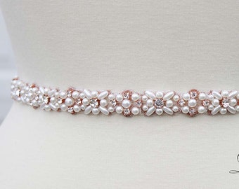 LISALI Rose Gold Pearl Bridal Belt, Bridesmaid Dress Belt ,Thin Bridal Belt,Bridesmaid Belt, Thin Pearl Belt, Wedding Dress Belt