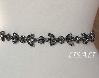 LISALI  Black Crystal Belt,  Wedding Bridal Sash, Thin Rhinestone Sash,  Bridesmaid Belt, Wedding Dress Belt，Flower Rhinestone Belt Black