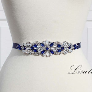 LISALI Bridal Belt Blue, Wedding Belt, Rhinestone Belt,  Wedding Dress Belt Sash,  Thin Bridal Belt, Bridesmaids Belt,  Diamante Belt