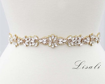 LISALI Thin Wedding Belt Gold, Bridal Belt Sash, Rhinestone Belt, Wedding Dress Belt , Crystal Bridal Belt, Thin Bridal Belt Clasp