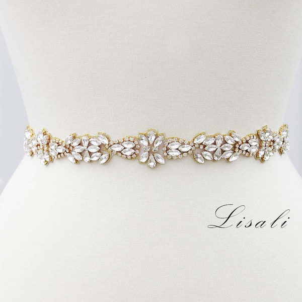 LISALI Thin Wedding Belt Gold, Bridal Belt Sash, Rhinestone Belt, Wedding Dress Belt , Crystal Bridal Belt, Thin Bridal Belt Clasp
