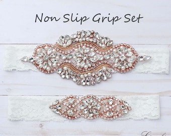 LISALI Wedding Garter Set Rose Gold, NO SLIP Lace Wedding Garter Set，Bridal Garter set,  Crystal Bridal Garter, Wedding Garter,