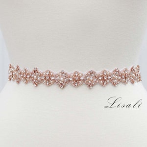 LISALI Pearl Wedding Belt, Thin Wedding Belt, Bridal Belt Sash Rose Gold, Rhinestone Belt,  Wedding Dress Belt, Bridal Sash Clasp