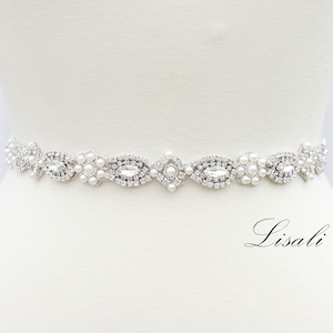 LISALI Bridal Belt Pearl,  Wedding Belt and Sash, Thin Bridal Sash, Rhinestone Pearl Belt, Bridesmaid Belt, Flower Wedding dress belt