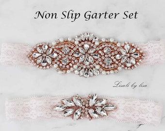 LISALI Bridal Garter Rose Gold , Wedding Garter Set,  Crystal Bridal Garter, NON SLIP Wedding Garter Set，Bridal Garter Set Pink