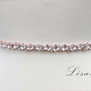 LISALI  Bridal Belt Sash Rose Gold, Narrow Crystal Belt, Thin Wedding Belt, Bridesmaid Belt, Wedding Dress Belt,  Rhinestone Sash