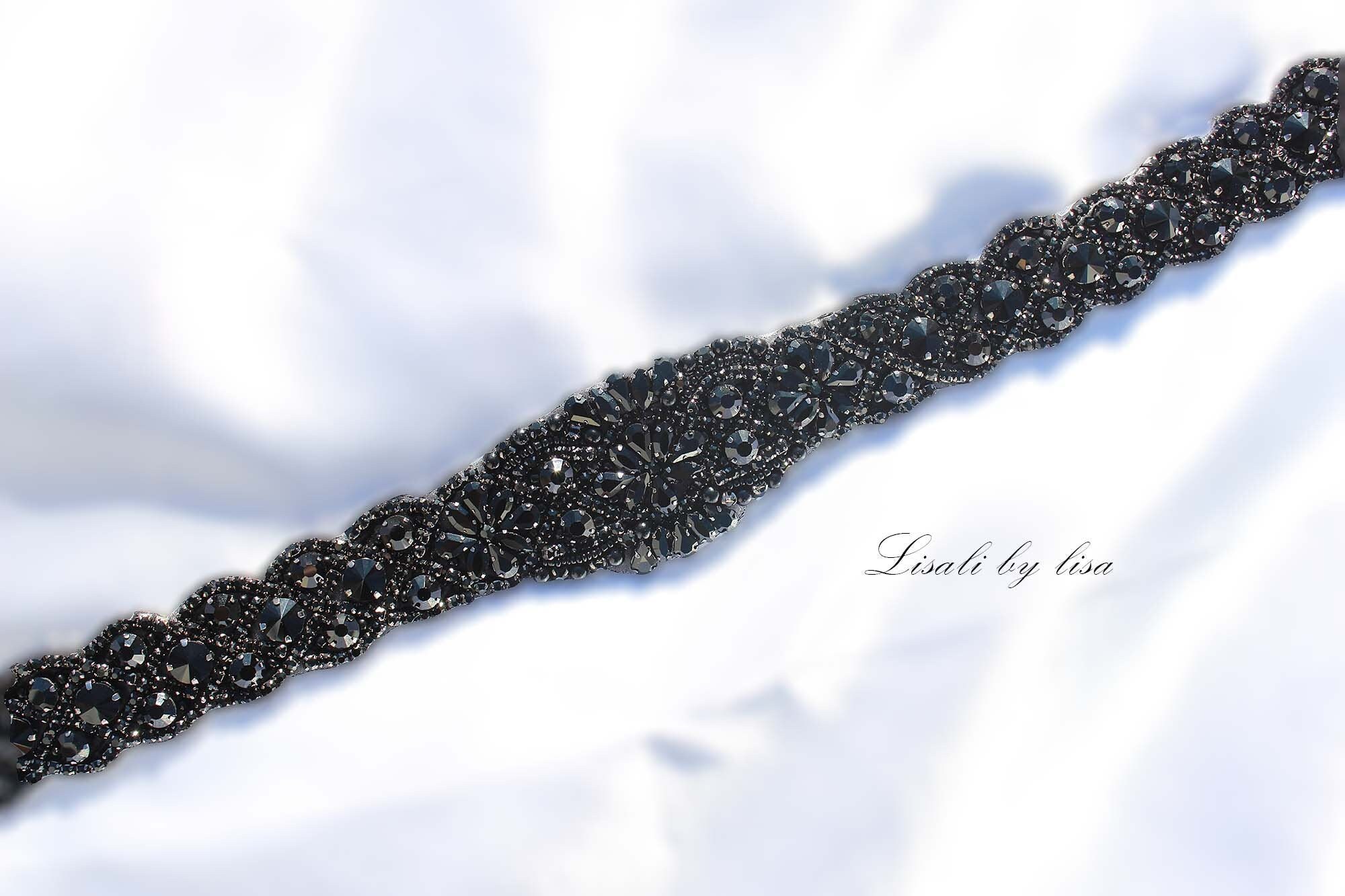 RHS-TRM-1801-BLACKBLACK. Exquisite Black Crystals and Black Beads Trim For  Bridal Sash - Hot Fix