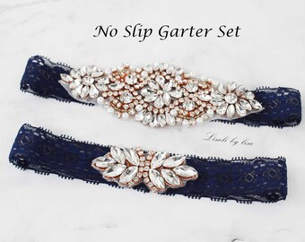 LISALI Bridal Garter Navy , Wedding Garter Set,  Crystal Bridal Garter, NON SLIP Wedding Garter Set，Bridal Garter Set-rose gold