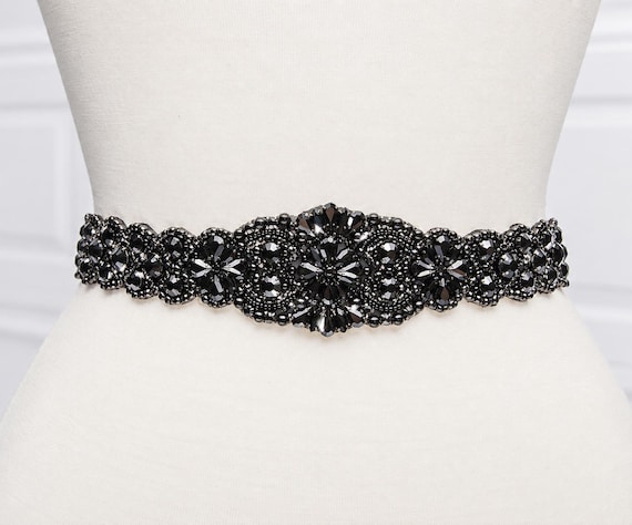 LISALI Rhinestone Belt Black, Black Bridal Belt, Black Beaded Belt, Black Crystal Bridal,Black Belt, Bridal Sash, Dark Rhinestone Belt