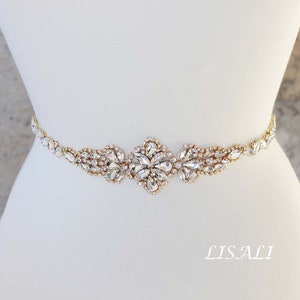 LISALI Bridal Belt Gold, Thin Bridal Belt, Wedding Belt, Rhinestone Belt Sash, Wedding Dress Belt, Crystal Bridal Belt, Wedding Sash