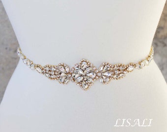 LISALI Bridal Belt Gold, Thin Bridal Belt, Wedding Belt, Rhinestone Belt Sash, Wedding Dress Belt, Crystal Bridal Belt, Wedding Sash