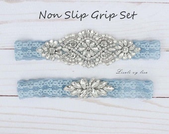 LISALI Bridal Garter Blue, Wedding Garter Set, NO SLIP Lace Wedding Garter Set，Bridal Garter set,  Crystal Bridal Garter, Wedding Garter