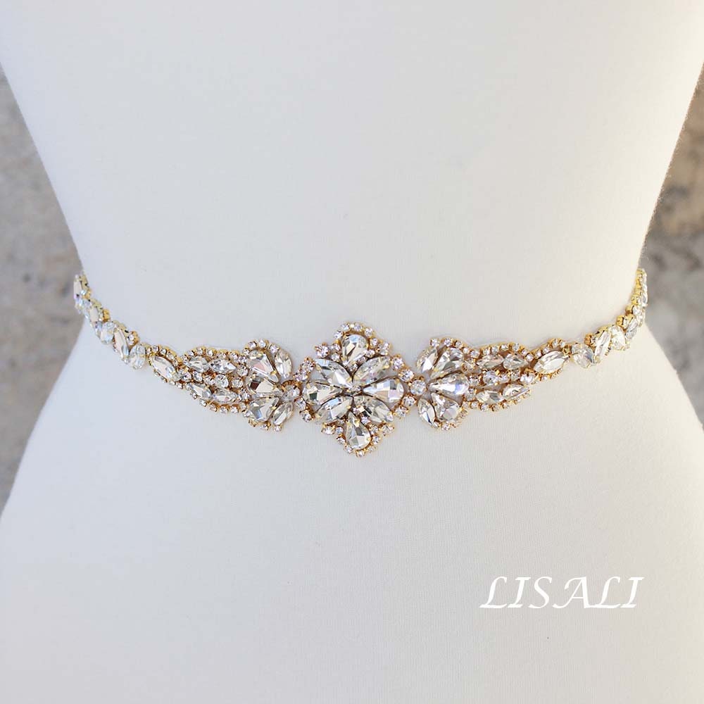 LISALI Bridal Belt Gold, Thin Bridal Belt, Wedding Belt, Rhinestone B…