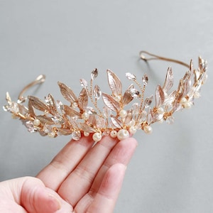 LISALI Silver/Pale Rose Gold Floral Tiara, Botanical Bridal Tiara, Rhinestone Tiara, Bridal Crown, Wedding Crown , Bridal Leaf Headpiece