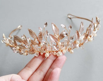 LISALI Silver/Pale Rose Gold Floral Tiara, Botanical Bridal Tiara, Rhinestone Tiara, Bridal Crown, Wedding Crown , Bridal Leaf Headpiece