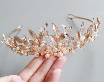 LISALI Pale Rose Gold Floral Tiara，Botanical Bridal Tiara, Rhinestone Tiara, Bridal Crown, Wedding Crown , Bridal Wedding Headpiece Leaf