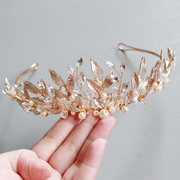 LISALI Pale Rose Gold Floral Tiara，Botanical Bridal Tiara, Rhinestone Tiara, Bridal Crown, Wedding Crown , Bridal Wedding Headpiece Leaf