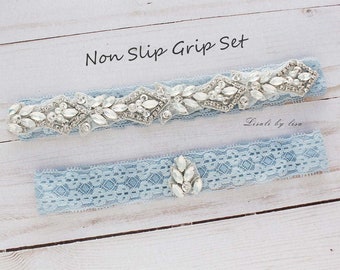 LISALI  Opal Wedding Garter Set, Bridal Garter Blue, NO SLIP Wedding Garter Set，Bridal Garter Set,  Crystal Bridal Garter, Wedding Garter