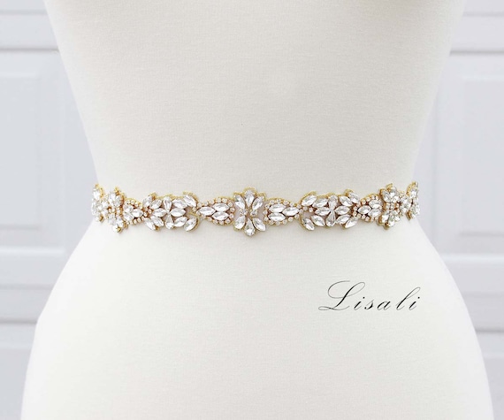 LISALI Thin Wedding Belt Gold, Bridal Belt Sash, Rhinestone Belt