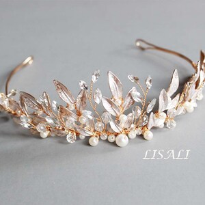 LISALI Pale Rose Gold Floral TiaraBotanical Bridal Tiara, Rhinestone Tiara, Bridal Crown, Wedding Crown , Bridal Wedding Headpiece Leaf image 2