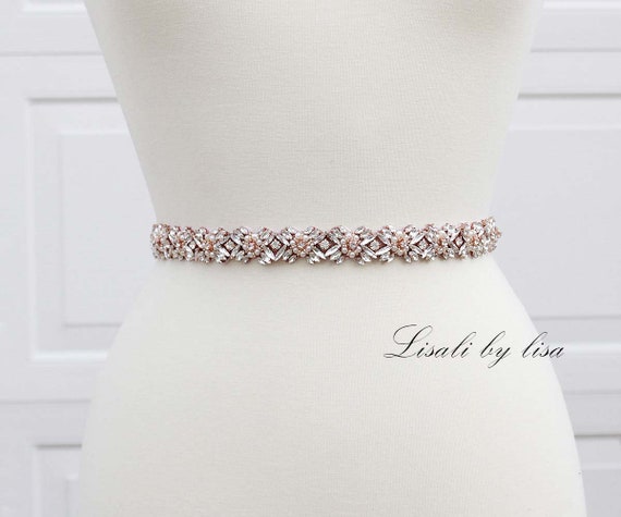 LISALI Rhinestone and Pearl Belt, Bridal Belt Sash Rose Gold