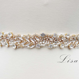 LISALI Bridal Belt Pearl, Bridal Belt Gold, Rhinestone Belt, Wedding Dress Belt , Bridal Belt Sash, Crystal Bridal Belt, Thin Wedding Belt