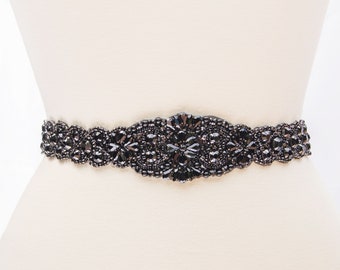 LISALI Rhinestone Belt Black, Black Bridal Belt, Black Beaded Belt,  Black Crystal Bridal,Black Belt, Bridal Sash, Dark Rhinestone Belt