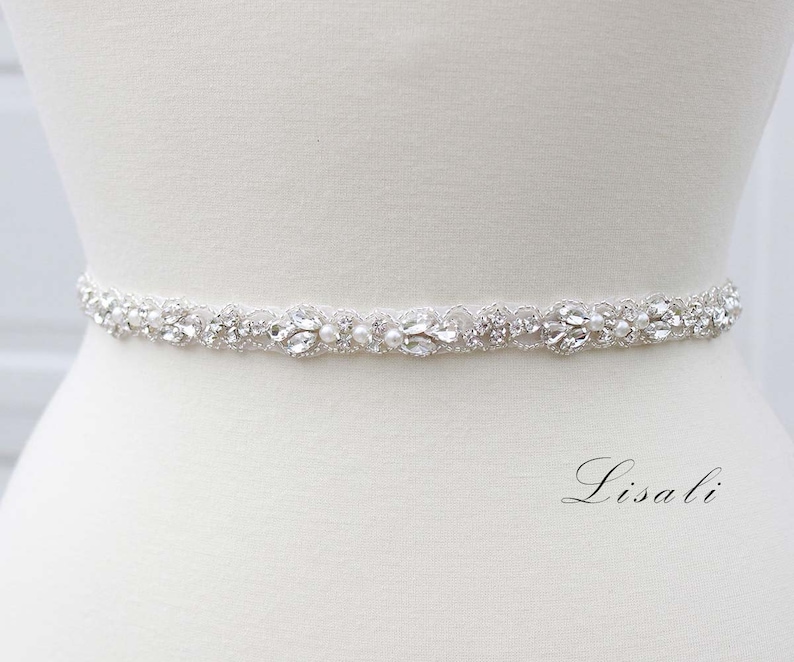 LISALI Thin Wedding Belt, Pearl and Rhinestone Belt , Bridal Belt Sash , Crystal Belt, Bridesmaid Belt, Wedding Dress Belt image 3