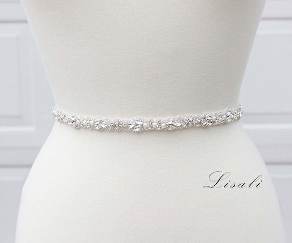 LISALI Thin Wedding Belt, Pearl and Rhinestone Belt , Bridal Belt