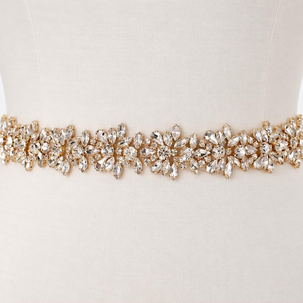 LISALI 10"-42" Sparkly Wedding Belt, Gold Rhinestone Belt, Bridal Belt, Rhinestone Belt, Crystal Sash Belt, Wedding Dress Belts
