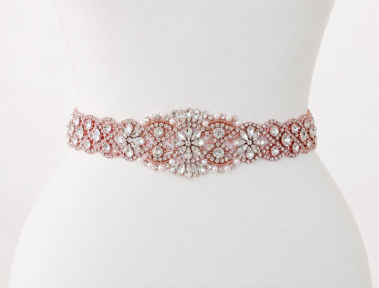 LISALI Sparkly Wedding Belt, Rose Gold Rhinestone Belt, Bridal Belts, Crystal Sash Belt, Wedding Dress Belts Crystal