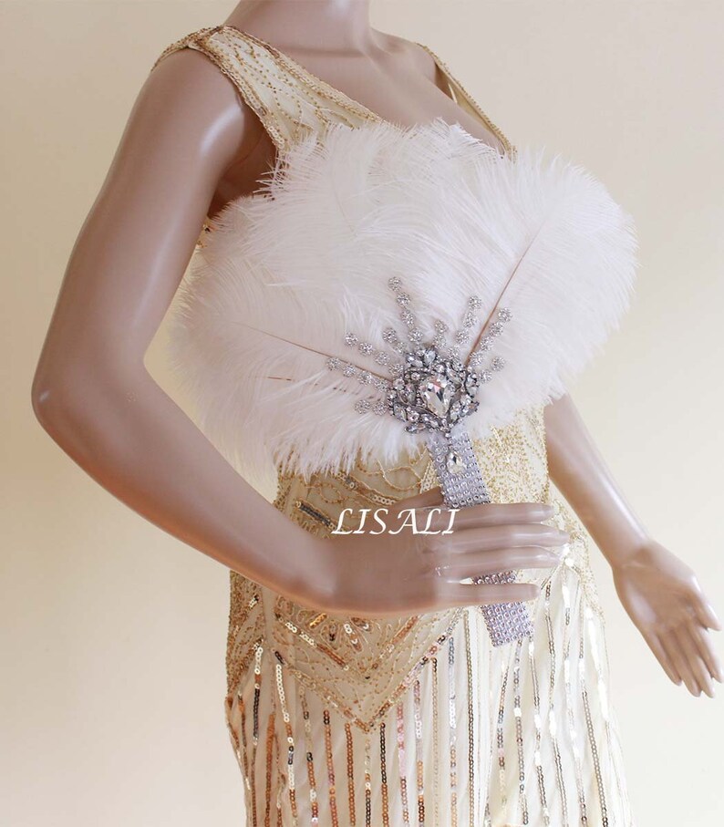 Bridal Ostritch Feather Fan Handfasting 20s Great Gatsby Vintage Brooch Bouquet LISALI Bling Bling Bridal Feather Bouquet