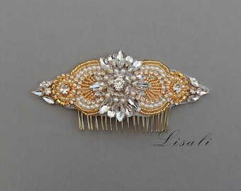 LISALI Wedding Haircomb Gold, Bridal Headpiece, Rhinestone Hairpiece, Hair Accessory Headpiece , Hair Tiara,  Crystal Jewelry Headpiece