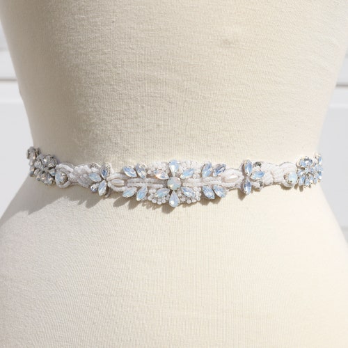 LISALI Opal Bridal Belt, Rhinestone Wedding Sash, Crystal Sash Belt, Wedding Belt, Thin Bridal Sash, Wedding Dress Belt
