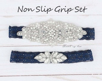 LISALI Bridal Garter Navy, Wedding Garter Set, NO SLIP Lace Wedding Garter Set，Bridal Garter set,  Crystal Bridal Garter, Wedding Garter