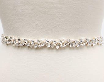 LISALI Thin Wedding Belt Gold, Pearl and Rhinestone Belt , Bridesmaid Belt, Bridal Belt Sash ,  Crystal Belt,  Wedding Dress Belt