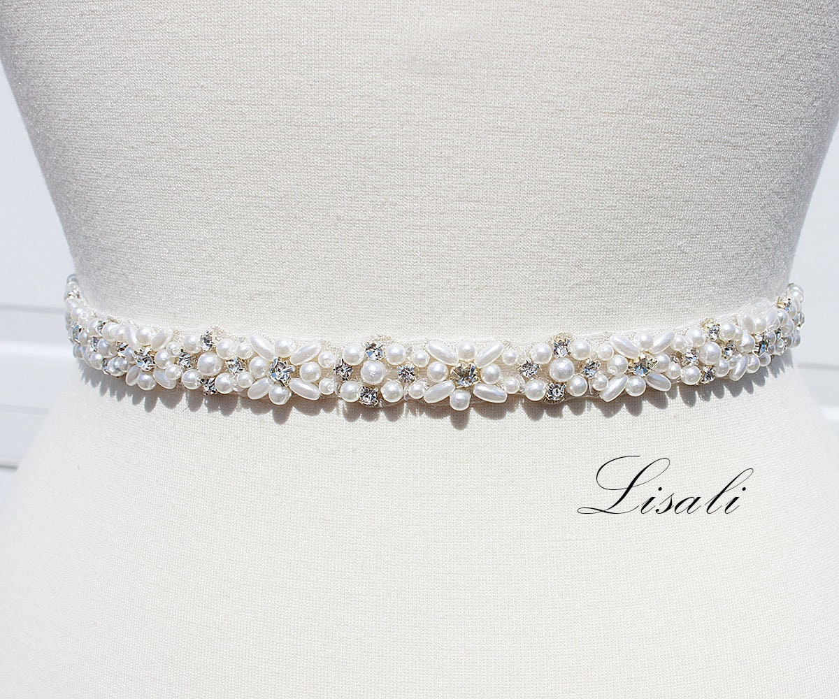 Pearl Sash Wedding Belt, Ivory Bridal Belt with Pearls and Crystals, 1 Width Full Waist Handmade Wedding Belt, Wedding Dress Belt