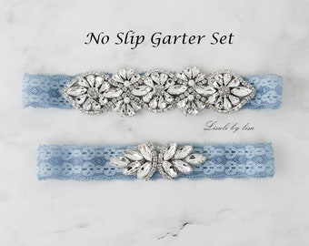 LISALI Bridal Garter Blue, Rhinestone Wedding Garter Set, NO SLIP Lace Wedding Garter Set，Bridal Garter set,  Crystal Bridal Garter Siver